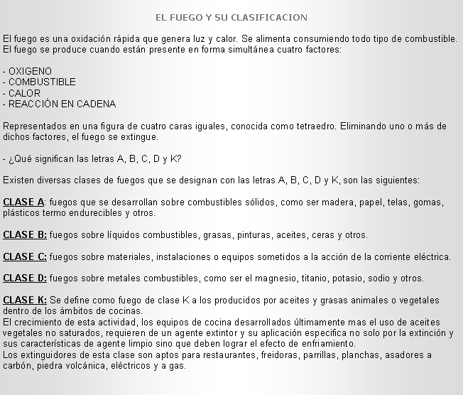 Cuadro de texto: EL FUEGO Y SU CLASIFICACION
El fuego es una oxidaci�n r�pida que genera luz y calor. Se alimenta consumiendo todo tipo de combustible. El fuego se produce cuando est�n presente en forma simult�nea cuatro factores: 

- OXIGENO 
- COMBUSTIBLE 
- CALOR 
- REACCI�N EN CADENA 

Representados en una figura de cuatro caras iguales, conocida como tetraedro. Eliminando uno o m�s de dichos factores, el fuego se extingue. 

- �Qu� significan las letras A, B, C, D y K? 

Existen diversas clases de fuegos que se designan con las letras A, B, C, D y K, son las siguientes: 

CLASE A: fuegos que se desarrollan sobre combustibles s�lidos, como ser madera, papel, telas, gomas, pl�sticos termo endurecibles y otros. 

CLASE B: fuegos sobre l�quidos combustibles, grasas, pinturas, aceites, ceras y otros. 

CLASE C: fuegos sobre materiales, instalaciones o equipos sometidos a la acci�n de la corriente el�ctrica. 

CLASE D: fuegos sobre metales combustibles, como ser el magnesio, titanio, potasio, sodio y otros. CLASE K: Se define como fuego de clase K a los producidos por aceites y grasas animales o vegetales dentro de los �mbitos de cocinas. 
El crecimiento de esta actividad, los equipos de cocina desarrollados �ltimamente mas el uso de aceites vegetales no saturados, requieren de un agente extintor y su aplicaci�n especifica no solo por la extinci�n y sus caracter�sticas de agente limpio sino que deben lograr el efecto de enfriamiento.
Los extinguidores de esta clase son aptos para restaurantes, freidoras, parrillas, planchas, asadores a carb�n, piedra volc�nica, el�ctricos y a gas.
